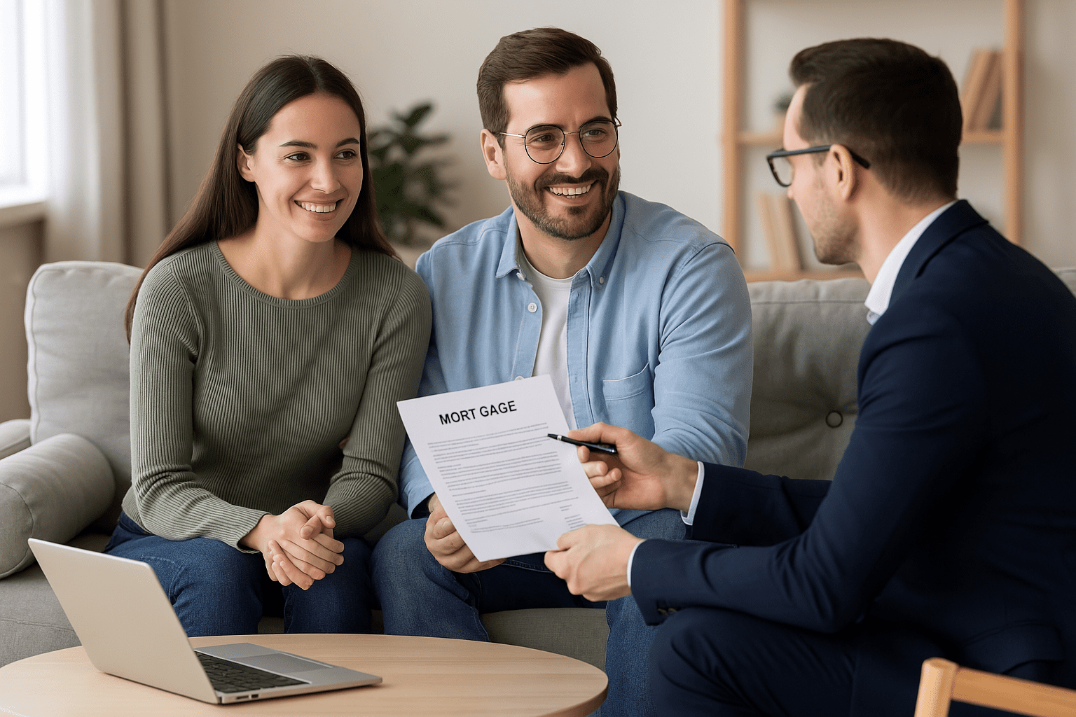 Couple meeting with a mortgage broker in West Sussex to compare mortgage options across the whole market.
