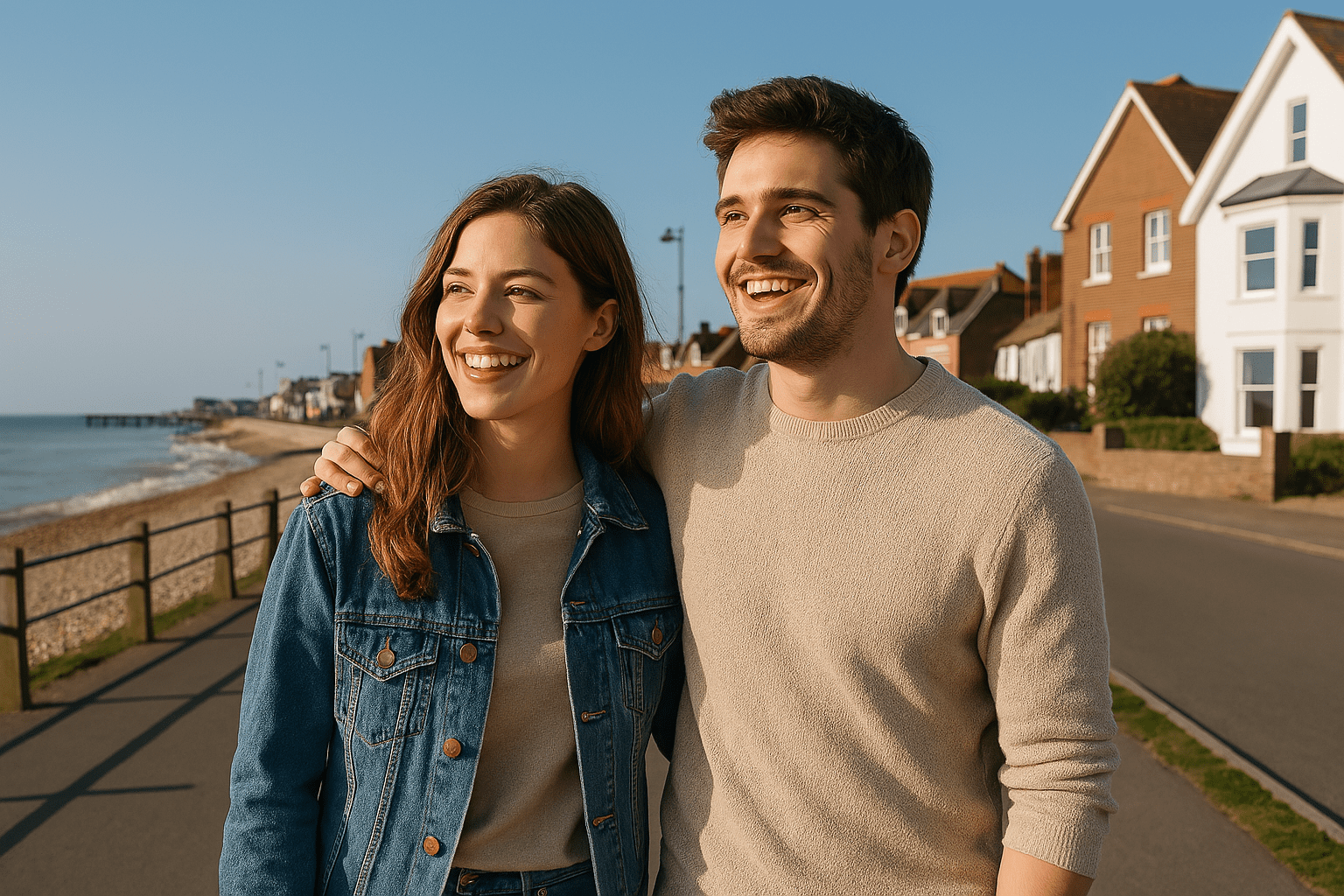 Buying Your First Home in Littlehampton: What First Time Buyers Need to Know 1 Young couple viewing property in Littlehampton on a sunny day near the seafront, excited about buying their first home.