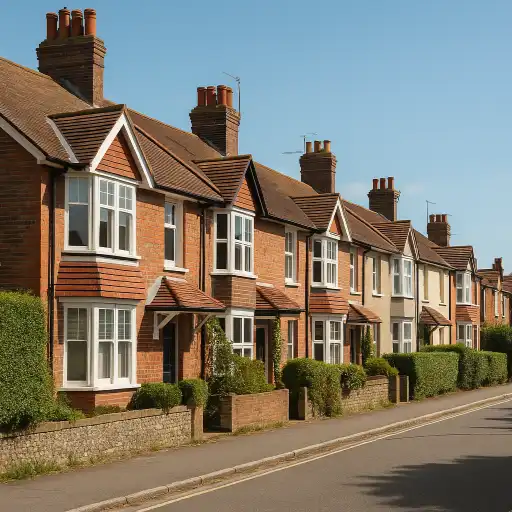 Row of traditional terraced houses on a quiet suburban street in Rustington, West Sussex, under a clear blue sky