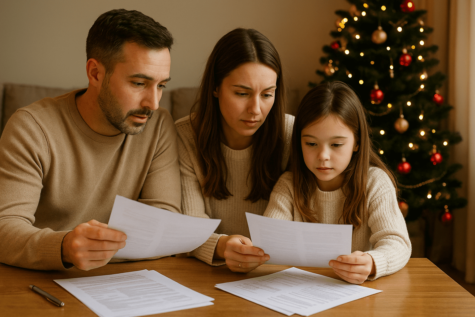A family reviewing financial documents together at home with a Christmas tree in the background, planning their mortgage for 2026.